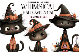 Whimsical Halloween Cat Clipart, a Seasonal Illustration by Daily.Designs