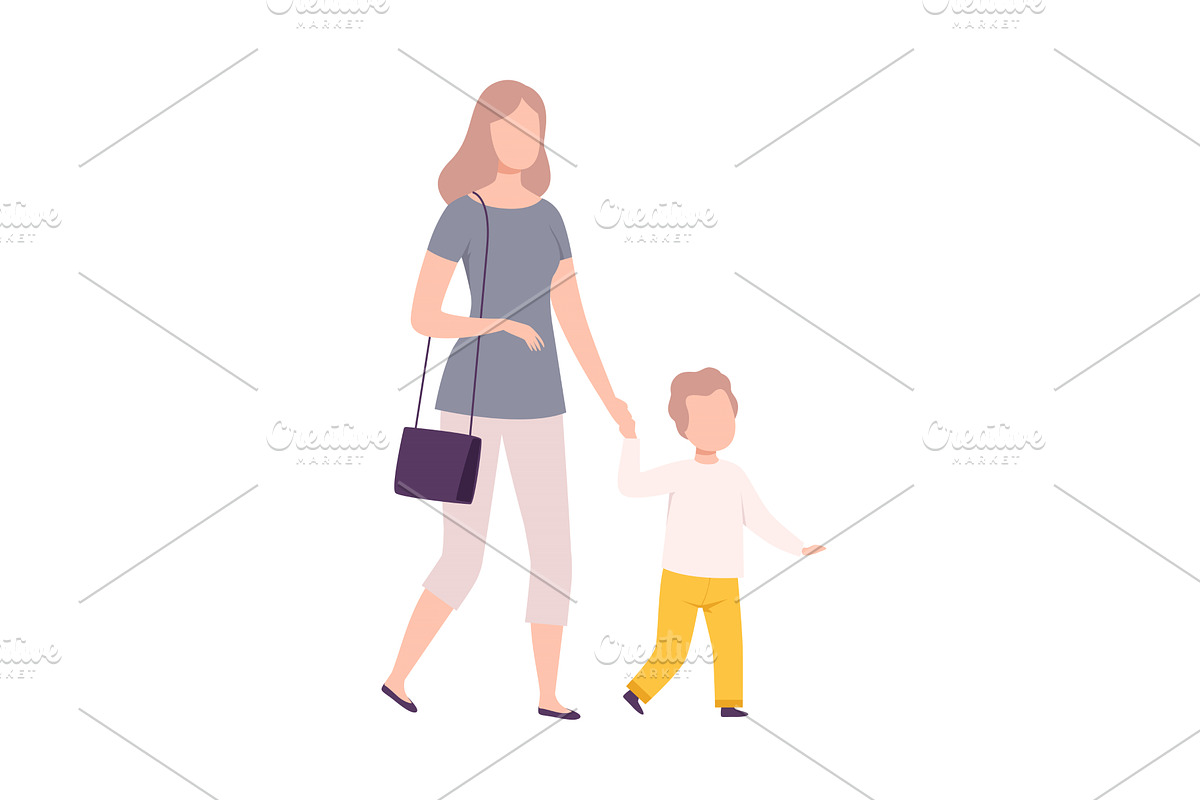 Mother and Her Son Walking Holding, a Person Illustration by TopVectors