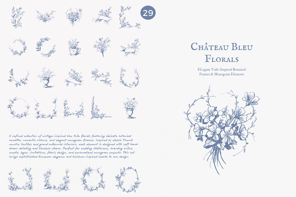 Blue toile floral monogram frames, a Decorative Illustration by Patishop Art (Photo 4 of 9)
