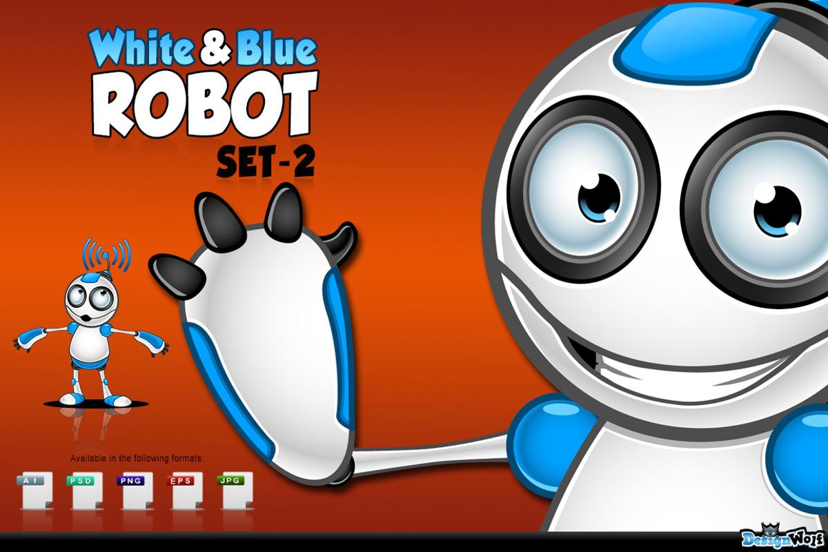 White & Blue Robot Character - Set 2, a Technology Illustration by DesignWolf (Photo 1 of 2)