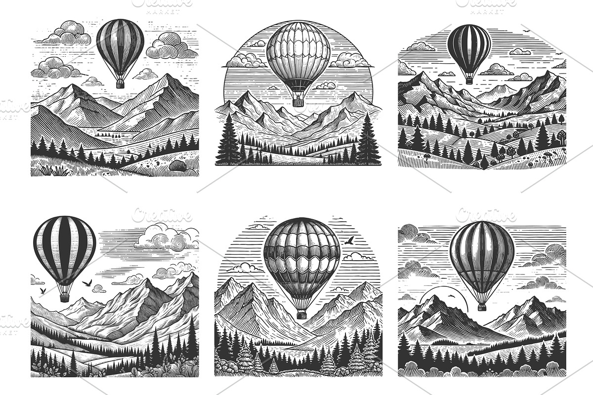 Hot Air Balloon Landscapes Over, a Transportation Illustration by AlexArt