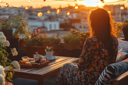 Woman Relaxing on Cozy Balcony at Sunset, an Abstract Photo by Natalia Klenova's Shop