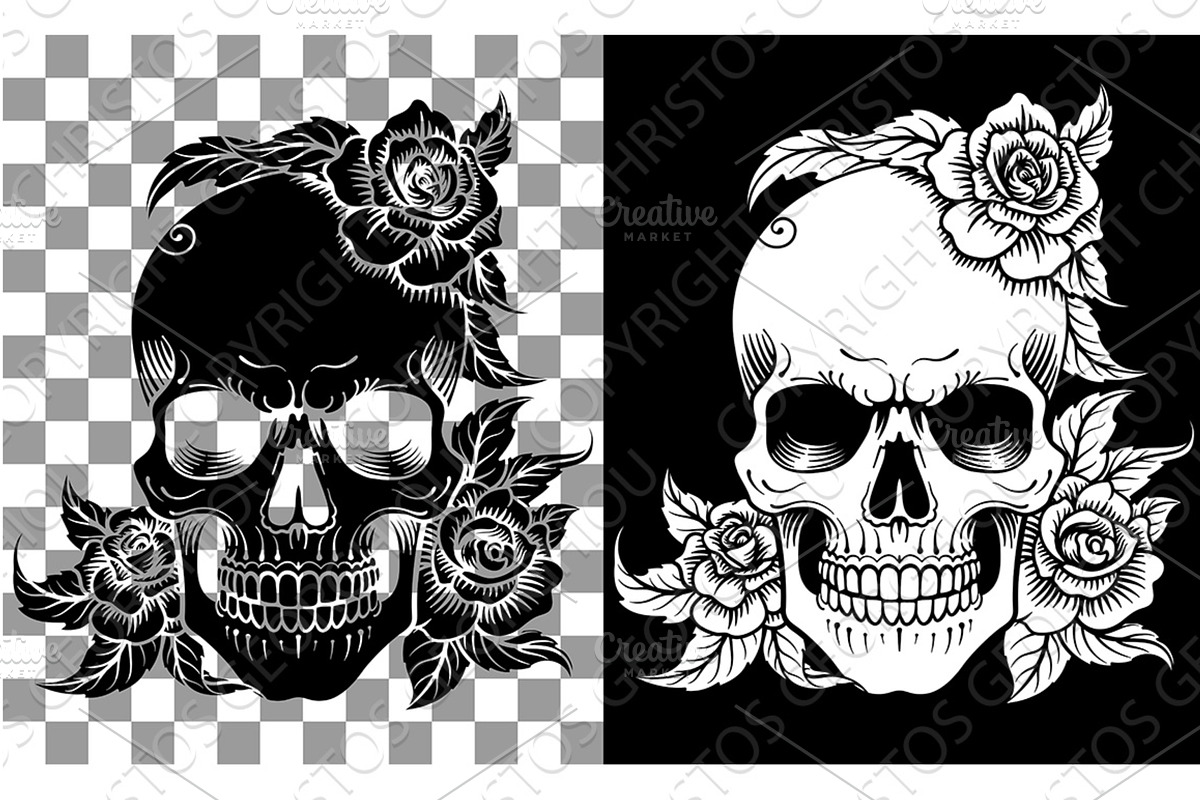 Skull Roses Engraved Woodcut Etching, an Object Illustration by Christos Georghiou