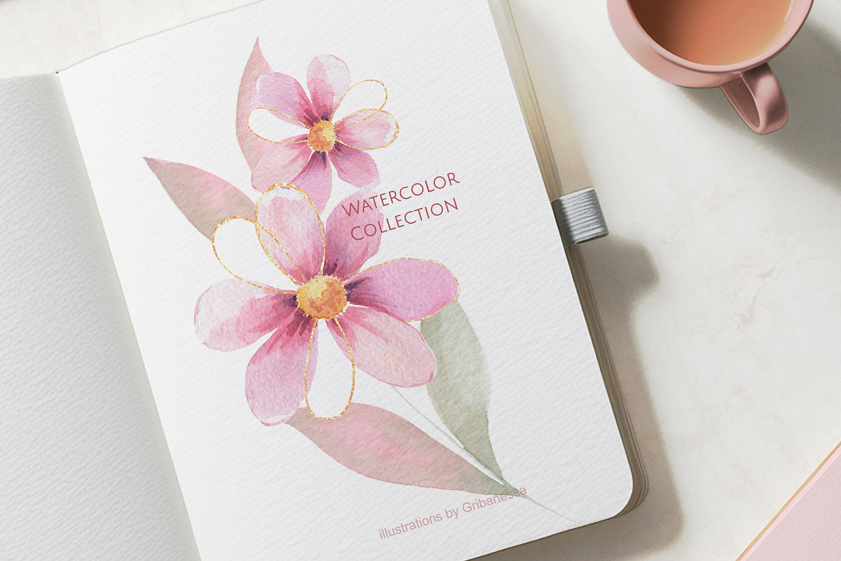Pink Watercolor Flowers & Gold, a Decorative Illustration by Gribanessa (Photo 11 of 13)