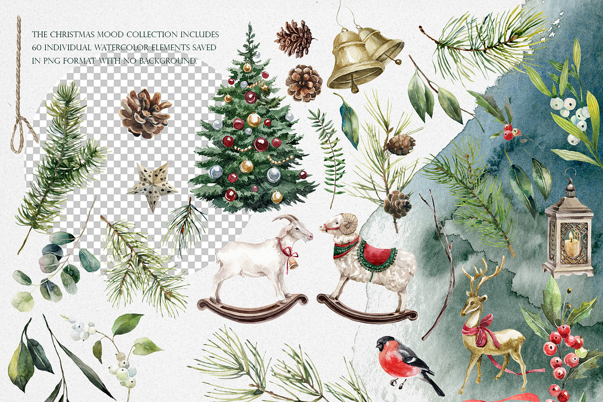 Christmas Mood. Watercolor clipart., a Seasonal Illustration by RushkinaAntonina (Photo 5 of 11)