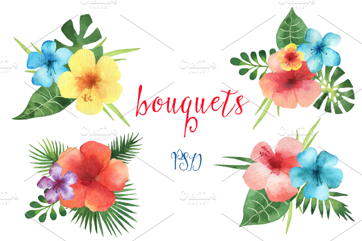 Tropical flowers and leaves., a Decorative Illustration by Elena Medvedeva (Photo 4 of 8)