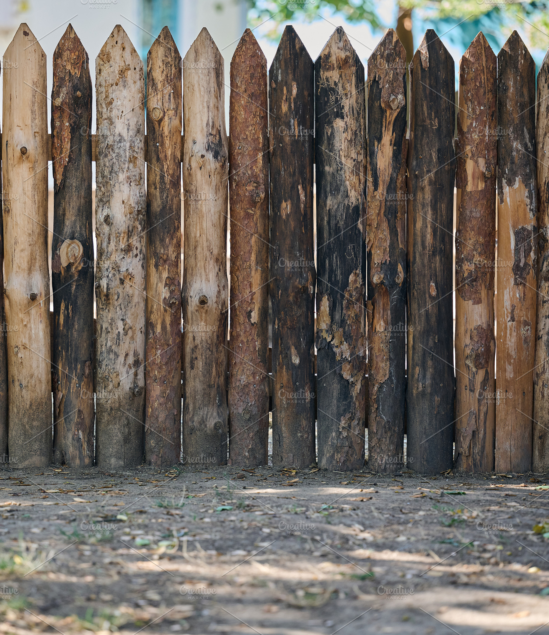 Wooden fence made of pointed logs with a rough, unfinished textu, a Nature Photo by ndanko