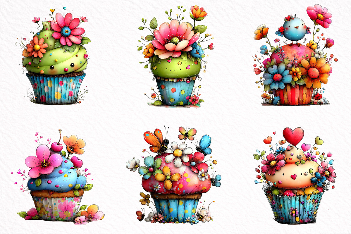 Whimsical Spring Cupcake Clipart, an Illustration by DreamArtGraphic (Photo 2 of 8)