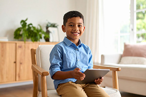 Boy with a tablet sitting on chair at living room while smiling, a Person Photo by DanFLCreativo