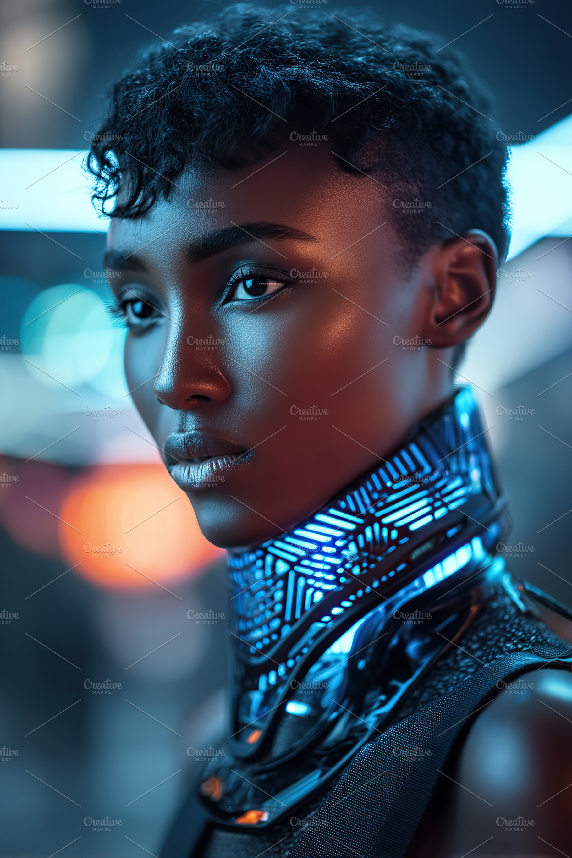 Young African woman in futuristic style with unique accessories in vibrant urba, a Person Photo by AlyaAnd
