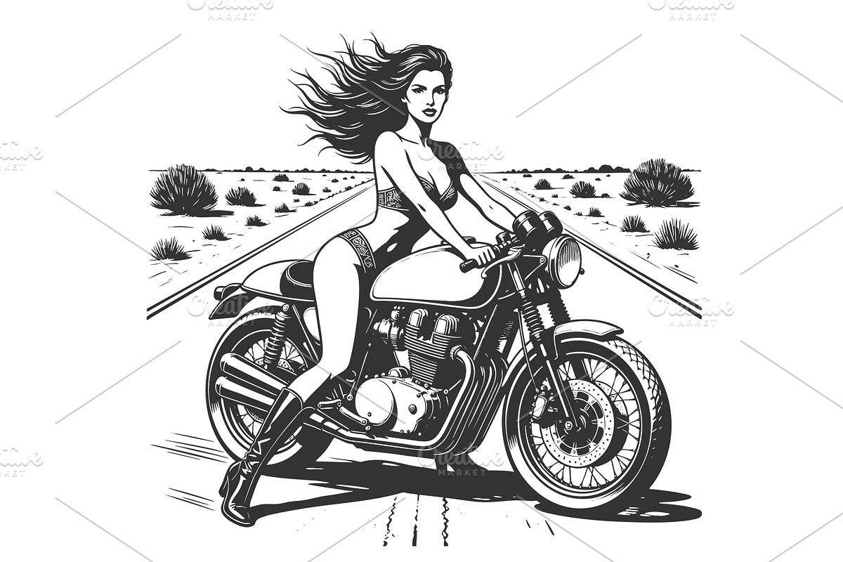 Bikini-clad woman riding motorcycle, a Person Illustration by AlexArt
