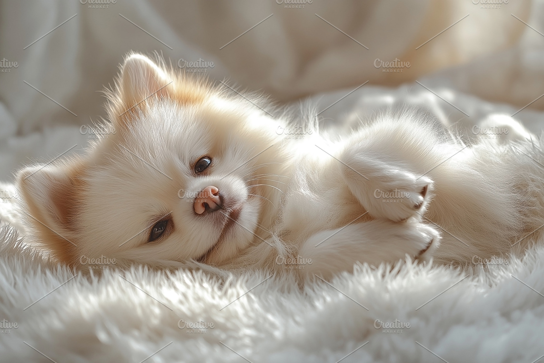 A fluffy white Pomeranian puppy relaxing on a soft, cozy blanket in warm sunlig, an Animal Photo by ImageMir