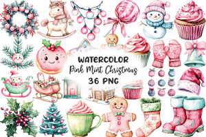 Kawaii Pink Mint Christmas Clipart, a Work Illustration by CraftArtStudio