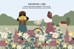 Wildflower meadow girl clipart