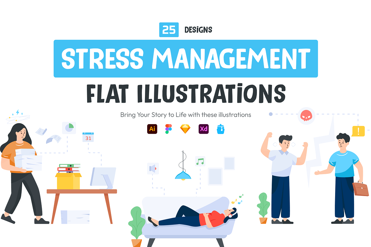 Stress Management Flat Illustrations, a Work Illustration by Brickclay (Photo 1 of 5)