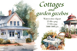 Cottages and gazebos, watercolor