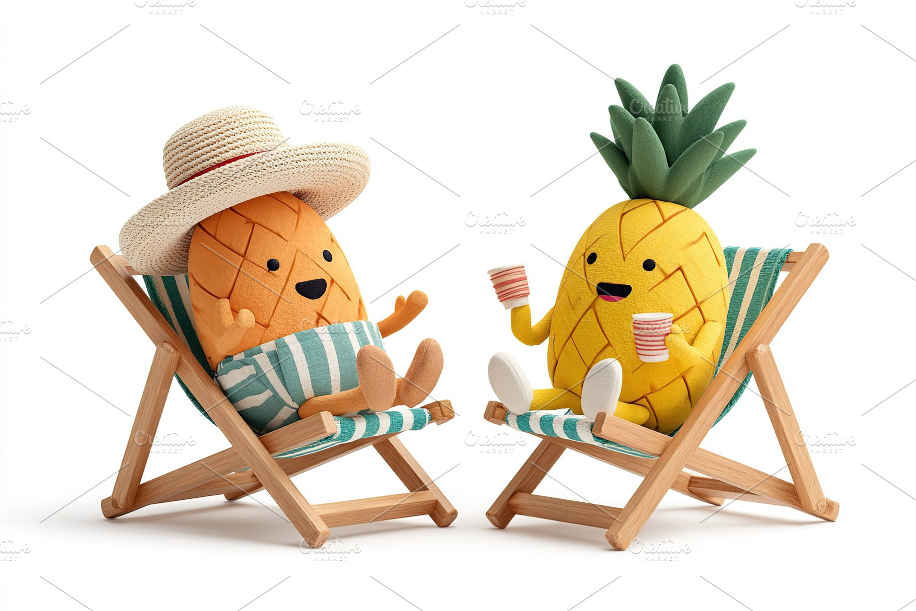 Pineapple characters relax on beach chairs with drinks in bright, cheerful sett, a Photo by AlyaAnd
