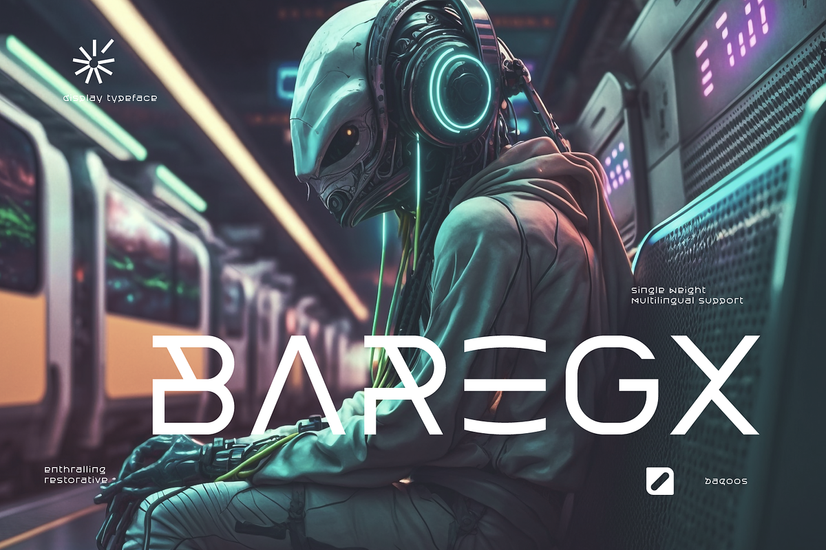 Baregx Futuristic Font, a Sans Serif Font by baqoos (Photo 1 of 9)
