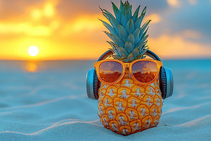 Pineapple wearing headphones and sunglasses enjoys a sunset on t, a Beauty & Fashion Photo by AlyaAnd