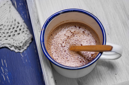 Hot chocolate in white metal cup on stock photo containing chocolate and hot, a Food & Drink Photo by SZ IMAGE