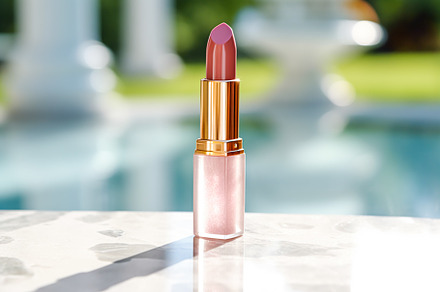 Luxurious pink lipstick in golden tube on marble, beauty cosmeti, a Photo by Anneleven
