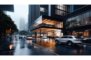 Rainy City Street With Modern Glass