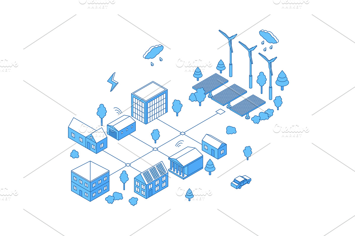 Isometric green energy district, a Technology Illustration by Valerie Bodnar