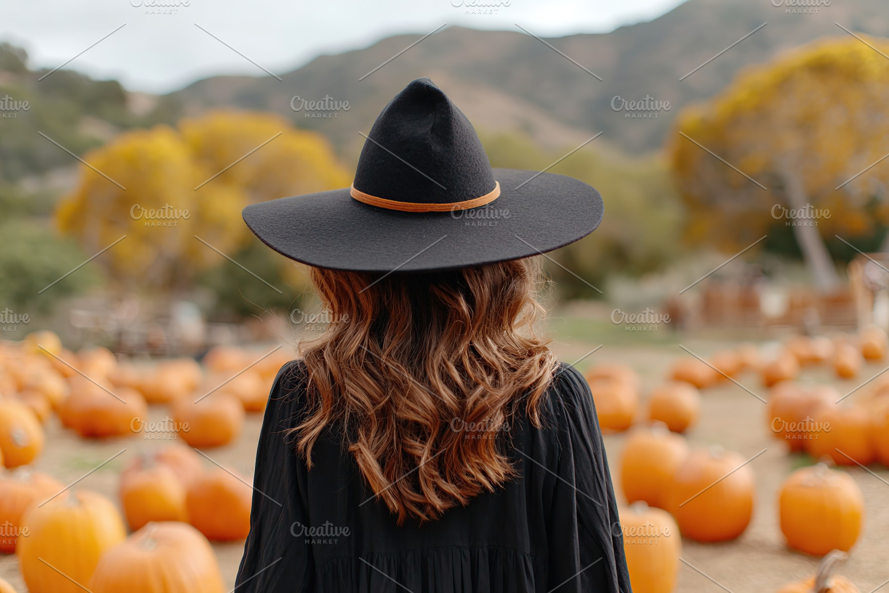 Woman wearing black hat in pumpkin patch during autumn harvest at countryside l, a Photo by AlyaAnd