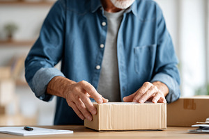 Senior man packing parcel at home, a Business Photo by MistyDay