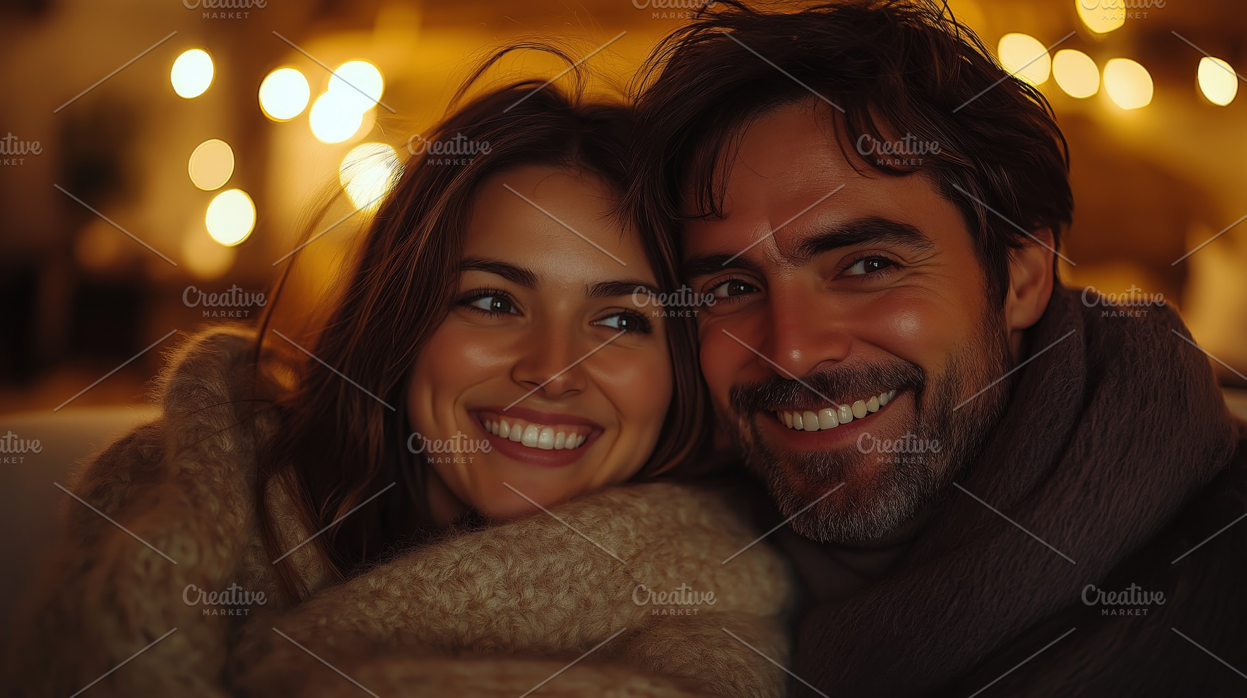 A joyful couple dressed in cozy sweaters, sharing a warm moment together, illum, a Person Photo by ImageMir