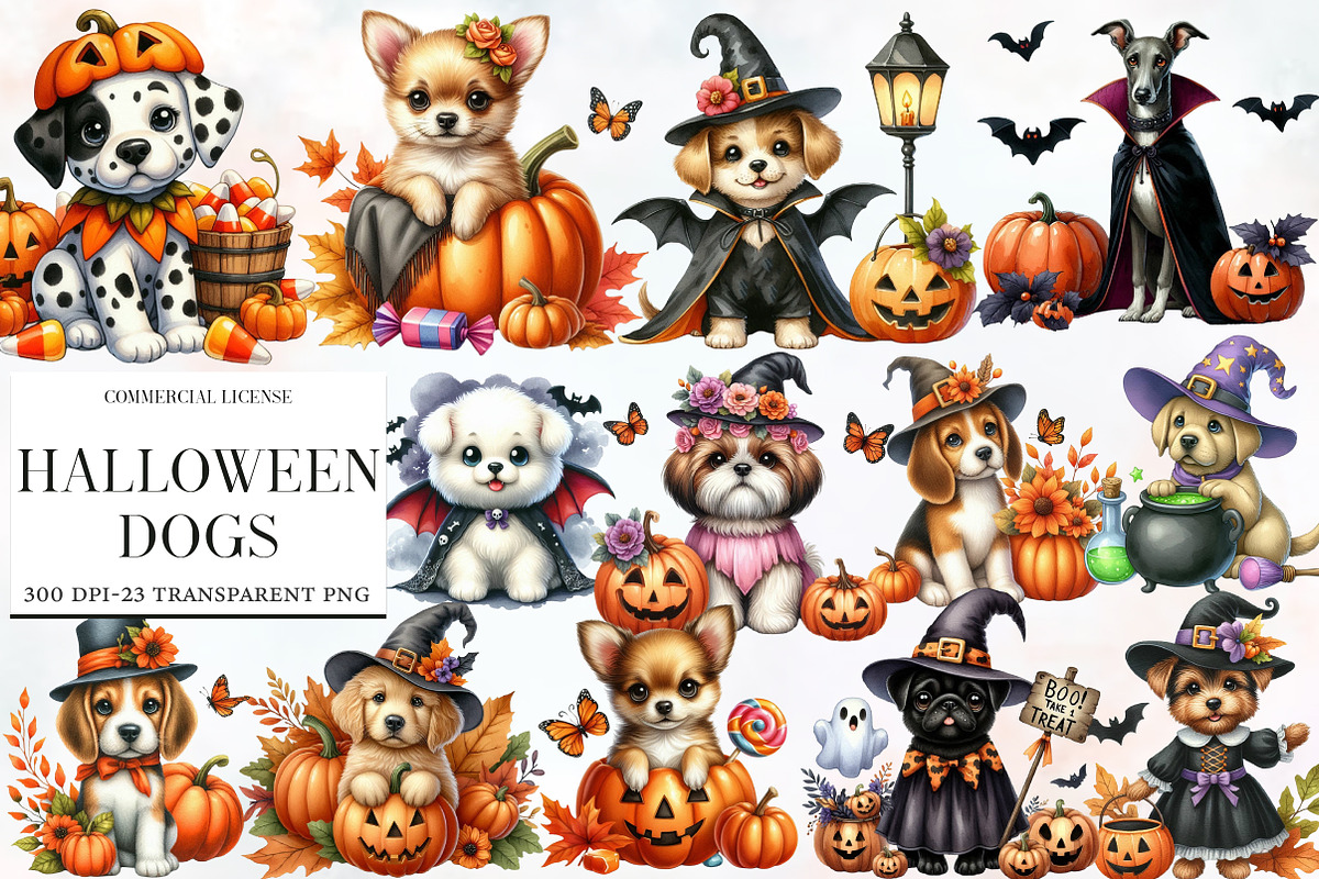Watercolor Halloween Dogs Clipart, an Illustration by Designworld (Photo 1 of 6)