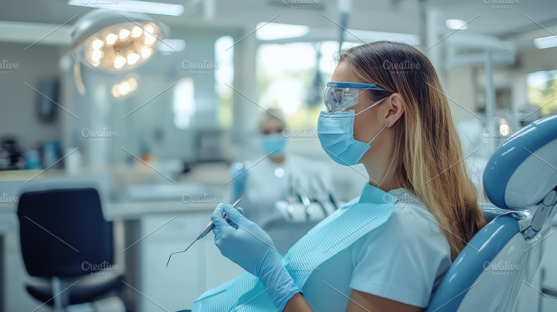Woman in dental chair wearing mask a, a Health & Medical Photo by Pixeness Studio