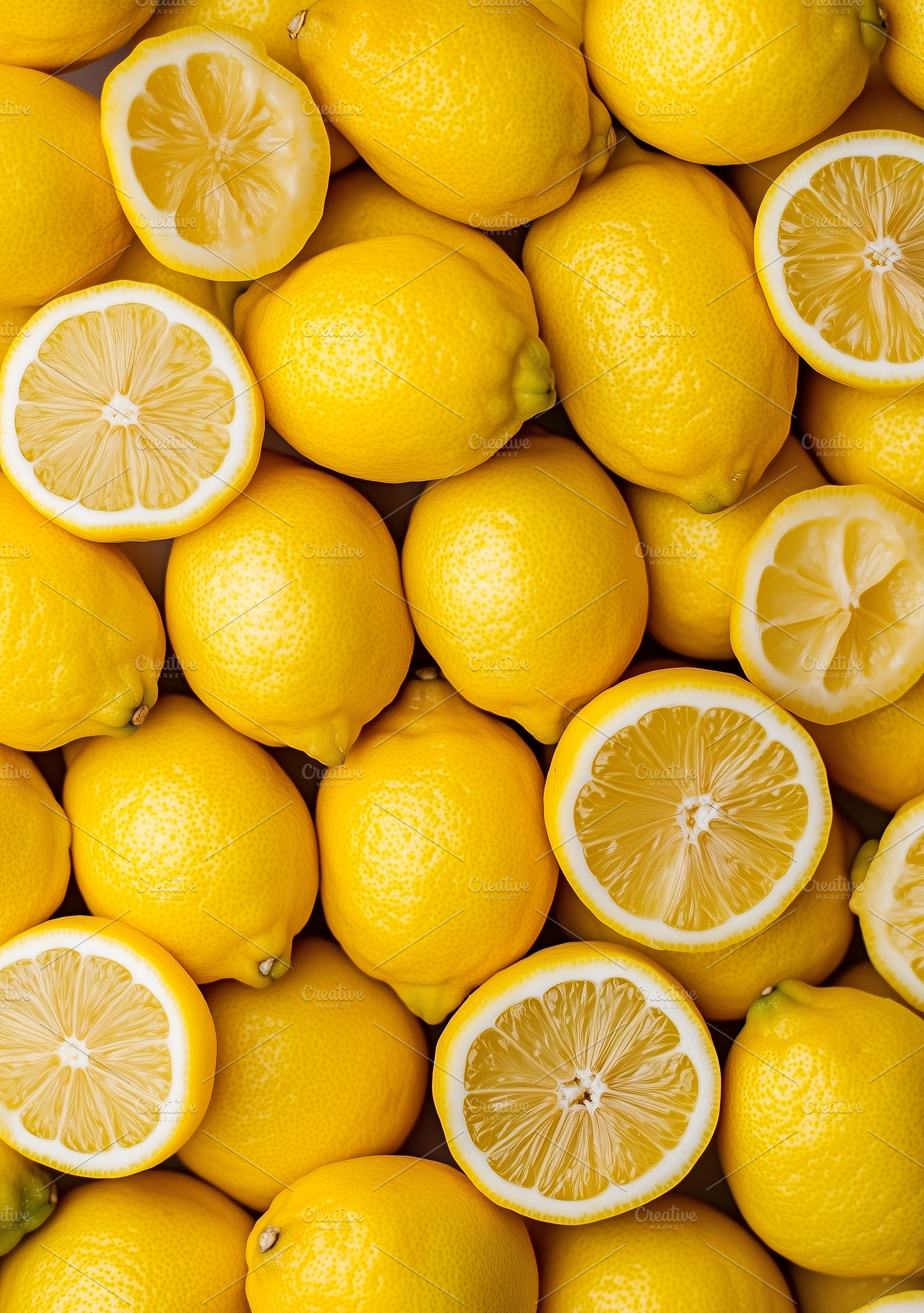 Whole and halved lemons background., a Food & Drink Photo by MistyDay