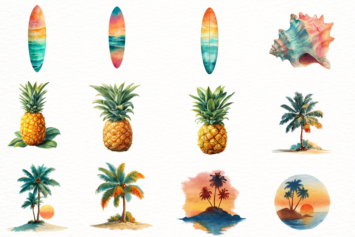 Watercolor tropical Summer clipart, an Illustration by Designworld (Photo 2 of 8)