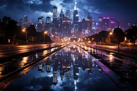 Dynamic cityscape at night neon ligh, a Photo by SaroStock