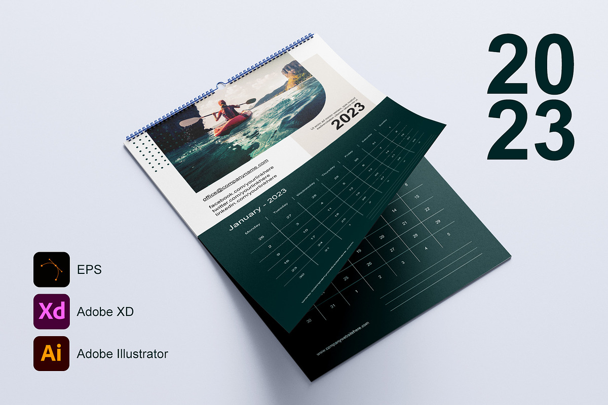 Calendar 2023 Template 1 - Monday, a Poster Template by Florin Chitic