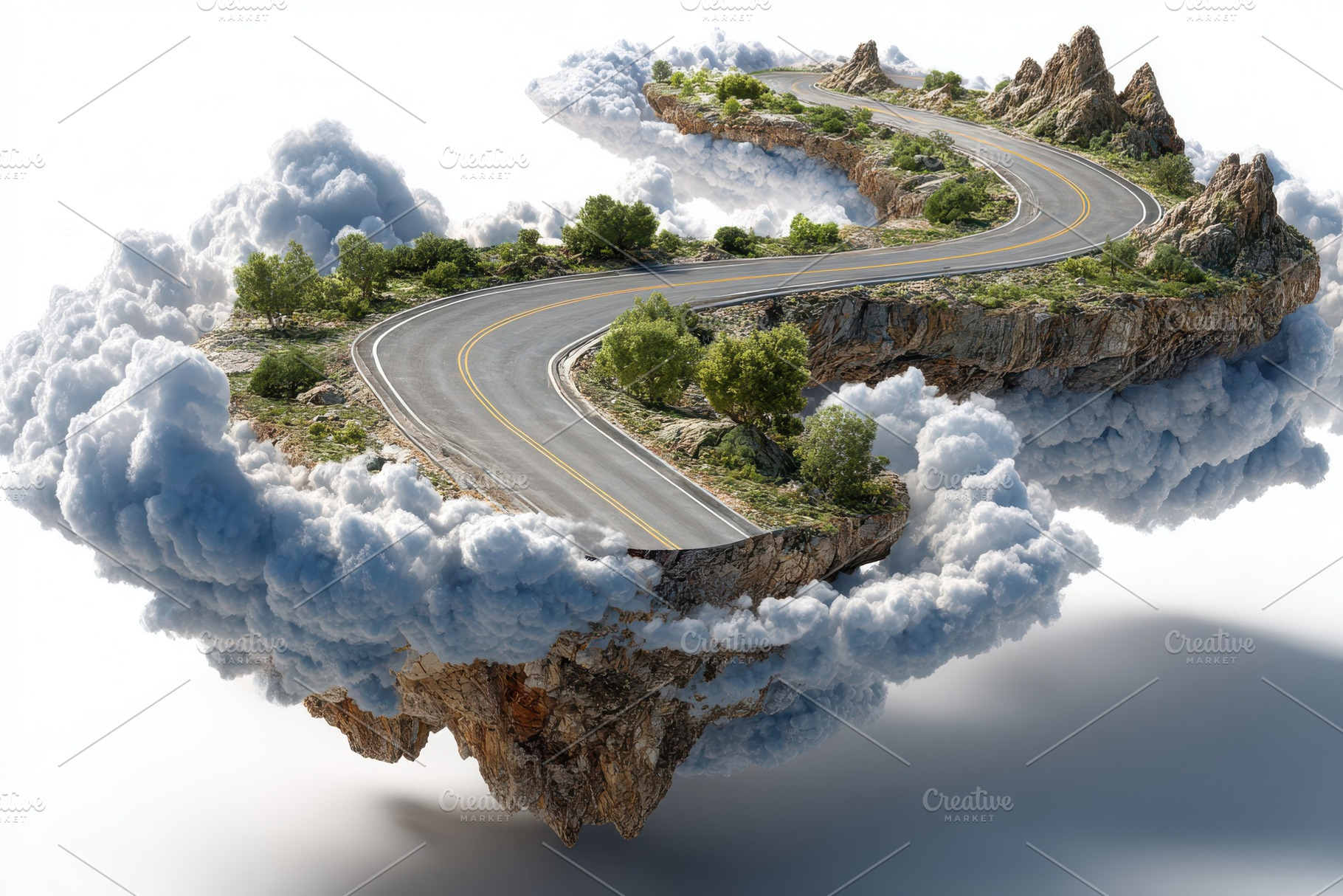 Winding road above clouds scenic lan, a Photo by Pixeness Studio