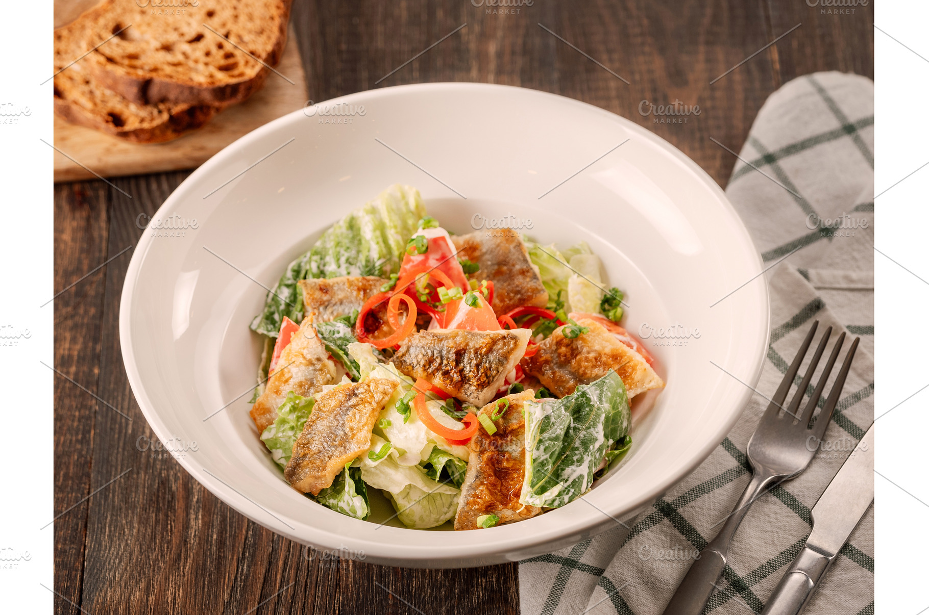 Delicious salad with fried baked, a Food & Drink Photo by Fascinadora