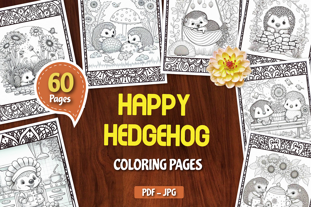 60 Happy Hedgehog Coloring Pages, an Animal Illustration by Blue Digital Studio (Photo 1 of 5)