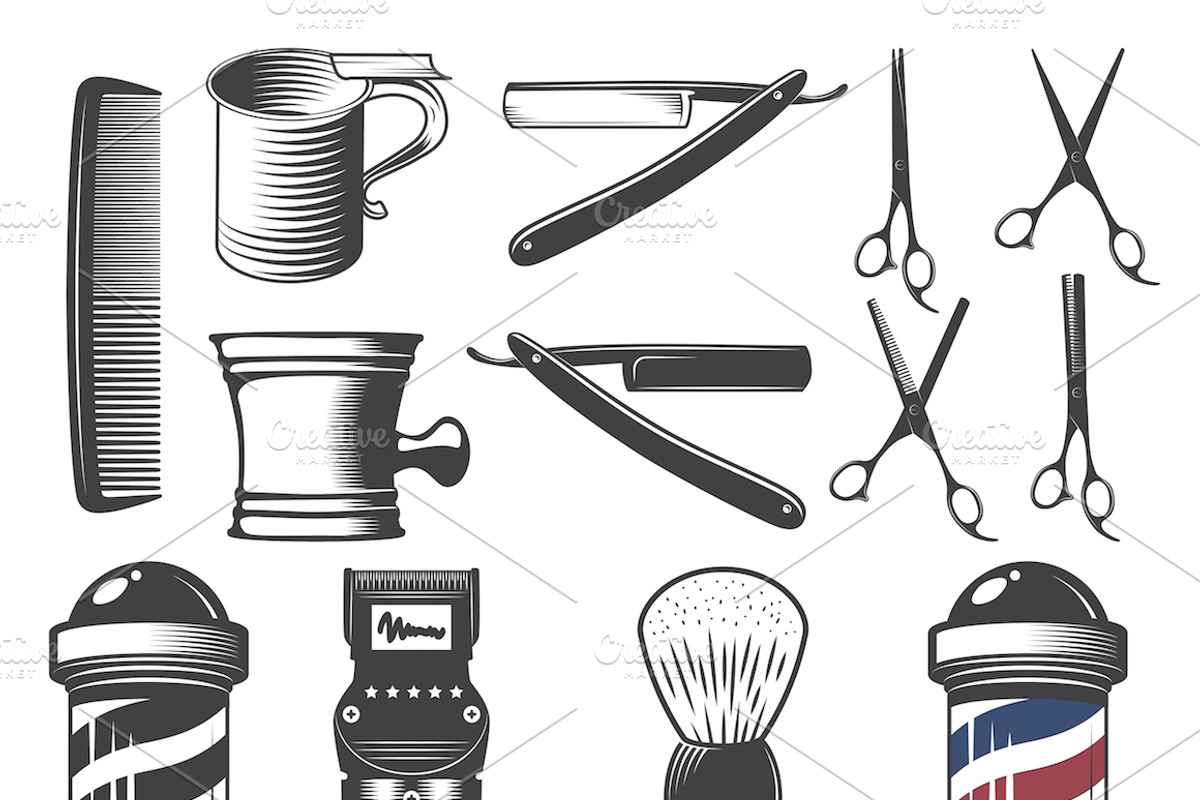Set of vintage barber shop, a Work Illustration by Oleksii