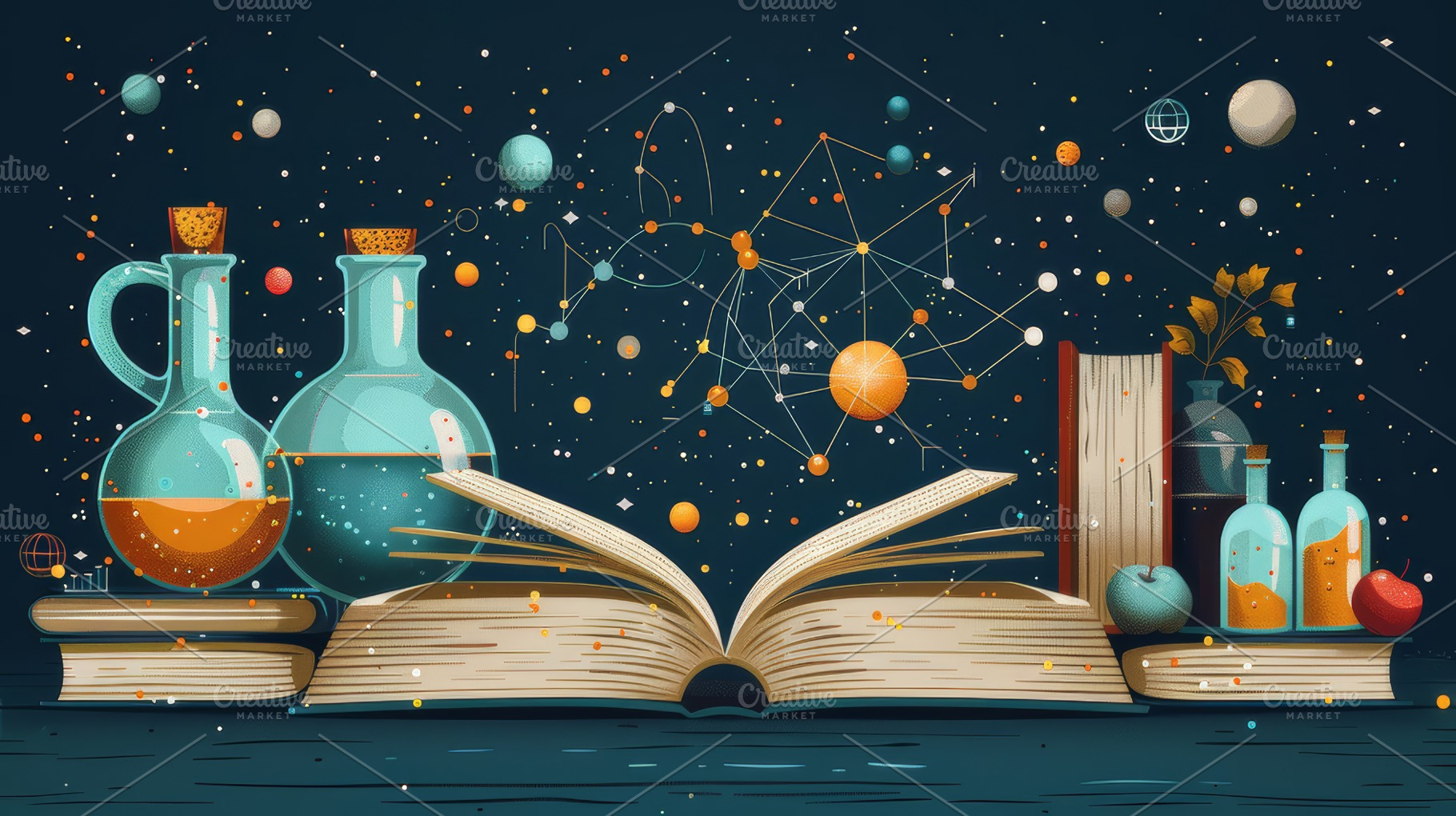 Enchanting Illustration of Science and Knowledge with Open Books and Flasks, a Photo by AS photostudio