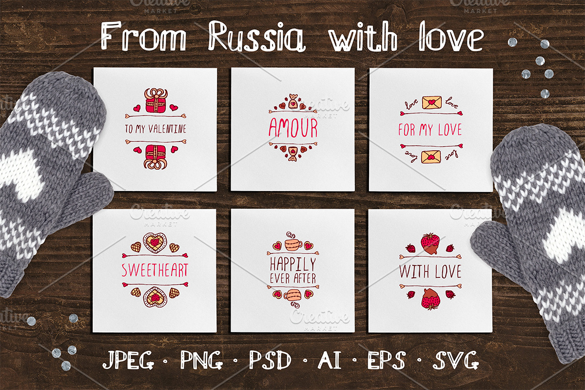 6 hand drawn Valentines's badges, a Card Template by AV Design