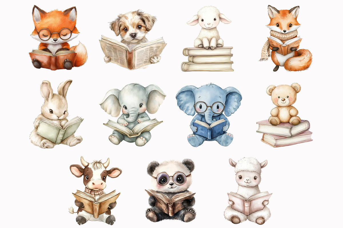 Watercolor Reading Plush Animals Cli, a Seasonal Illustration by Design Market (Photo 3 of 3)