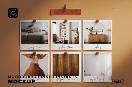 Moodboard Pinned Polaroids Mockup, a Print Template by Custom Scene