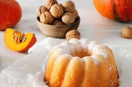 Concept of Autumn vibe food, Pumpkin cake, a Food & Drink Photo by AtlasStudio PRO