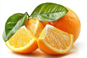 Two orange fruits and slice with gre, a Food & Drink Photo by Pixeness Studio