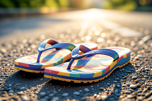 Colorful flip-flops on a road, a Photo by rarrarorro