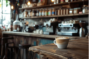 Coffee cup on rustic cafe counter, a Food & Drink Photo by Ylivdesign