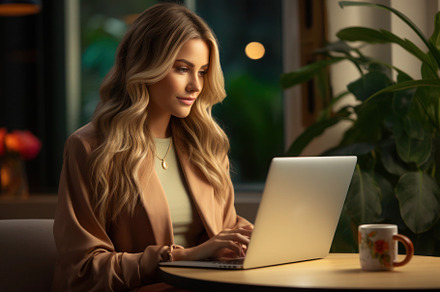 Young woman working on a laptop while sitting at a table, a Person Photo by Antonina Vlasova
