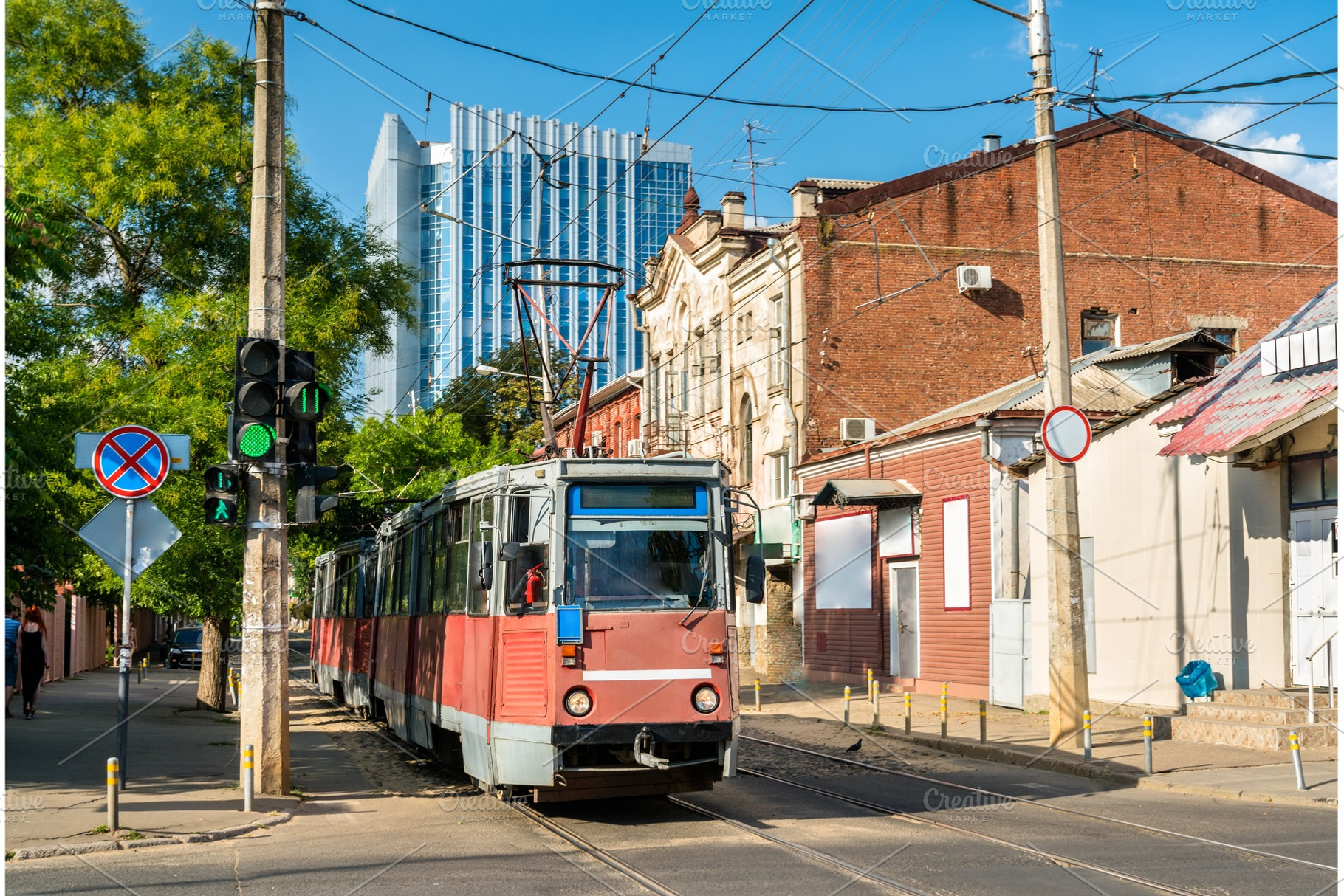 Old soviet city tram in krasnodar stock photo containing tram and russia, a Transportation Photo by Leonid Andronov